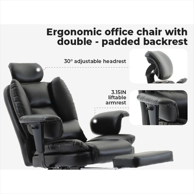 Fauteuil de direction rembourré en similicuir avec appui-tête réglable et dossier haut, 20,87 x 21,26 x 47,64, H 25,64 po