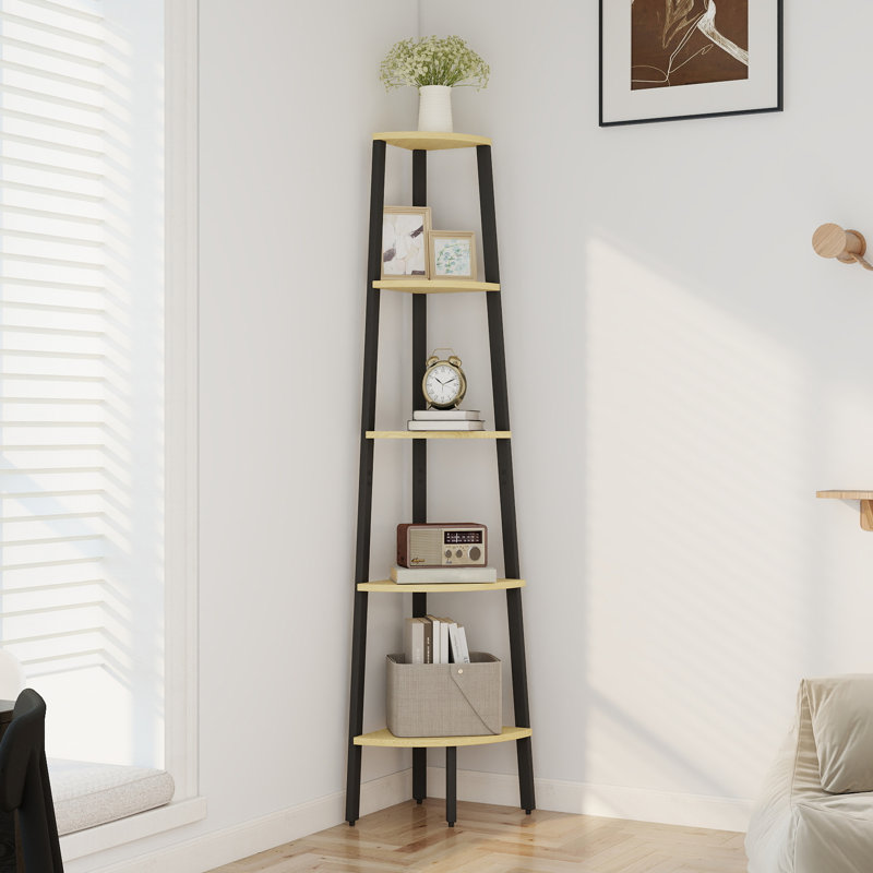 Tablette d'angle, bibliothèque d'angle à 5 niveaux, H 62,5 po, présentoir anti-basculement, économie d'espace, chêne naturel