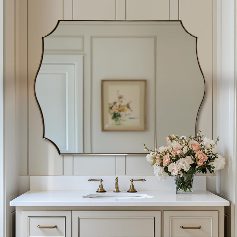 Anayalee Traditional Scalloped Rectangle Bathroom Vanity Mirror | Stainless Steel Frame, Brushed Gold, 40" x 30"