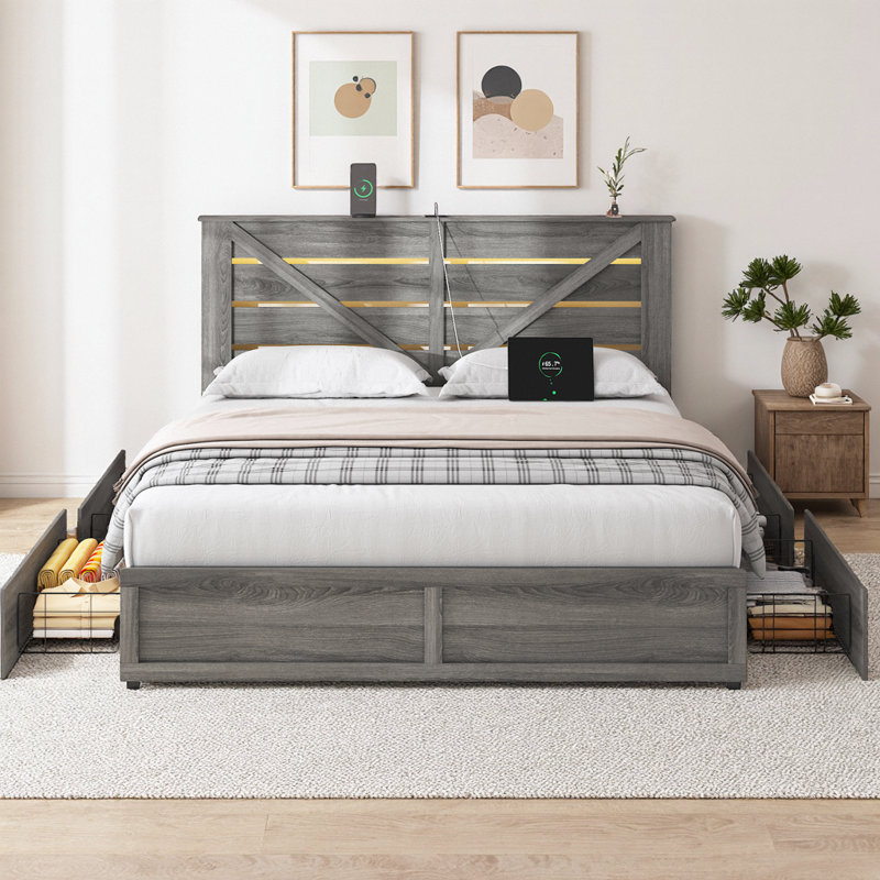 Base de lit plateforme de rangement avec tête de lit Hartland, 4 tiroirs sous le lit et éclairage DEL, conception de porte de grange rustique avec lattes en métal antidérapantes, cadre de lit gris silencieux, aucun sommier tapissier requis