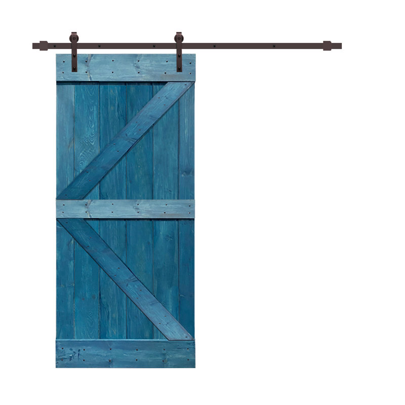 Porte de grange en panneau de bois et métal peint avec ensemble de quincaillerie d’installation, 42 po x 84 po, Bleu océan