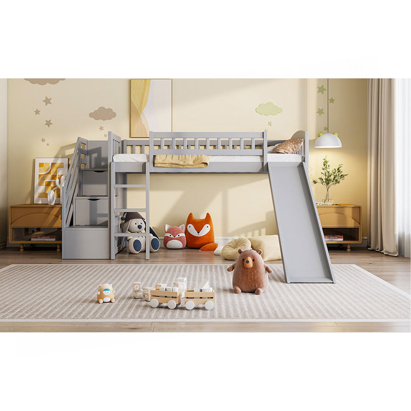Lit mezzanine simple avec deux tiroirs et glissade, gris, Gris
