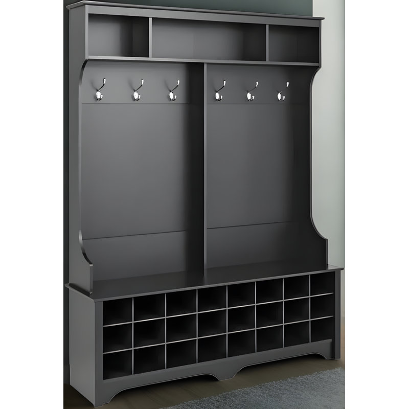 Armoire de rangement pour chaussures avec 24 casiers et 6 crochets doubles - Organisateur de vestibule autoportant avec banc et armoires supérieures - Finition en stratifié noir durable