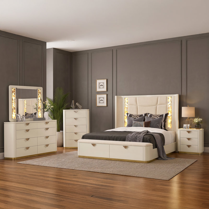 Ensemble de chambre à coucher rembourrée Zimran, Grand lit, 5 Pcs: Dresser, Mirror, Bed, Nightstand, Chest