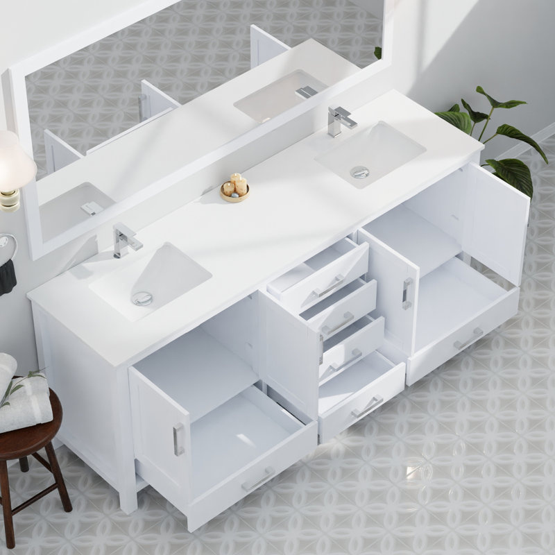 Blanc 84 po Meuble-lavabo double - comptoir en quartz, robinet, fermeture en douceur et égratignure, 2 armoires, 14 tiroirs de rangement avec teinture pour robinet supérieur