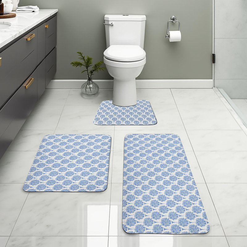  Ensemble de tapis de salle de bain oriental 3 pièces en U et rectangulaires bleu et blanc Oriental