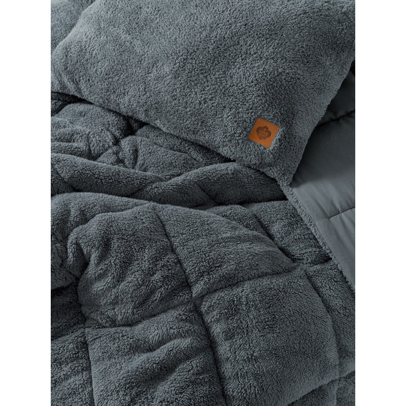 Ensemble d'édredon en molleton Everly Teddy, Gris, Courtepointe double + 2 coussins