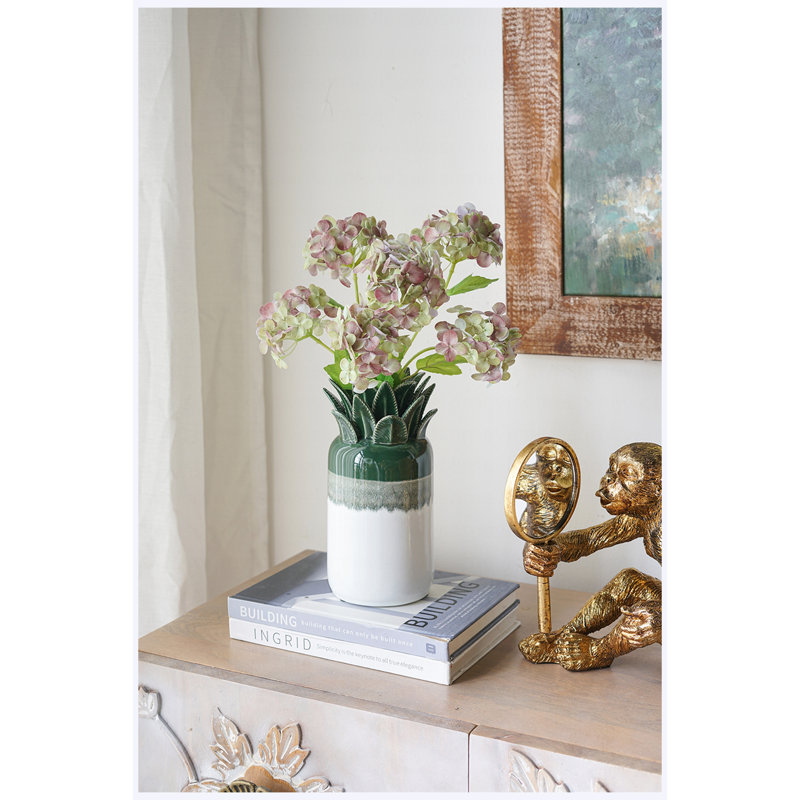 Grand vase en ananas en céramique ombré vert et blanc 9,8 ", grand vase décoratif en forme d'ananas