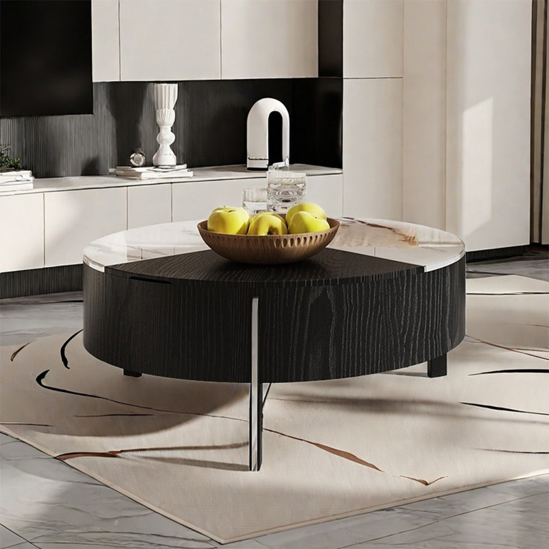 Table basse ronde en pierre micro-cristalline, Noir / blanc