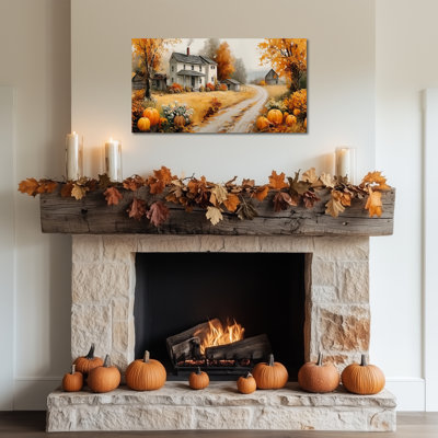 Toile d'automne, art mural d'automne, maison de campagne d'automne avec citrouille