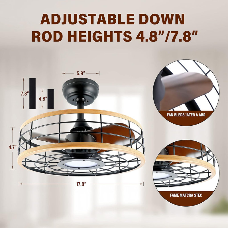 Modern Black and Wood Low Profile Ceiling Fan with LED Light and Remote