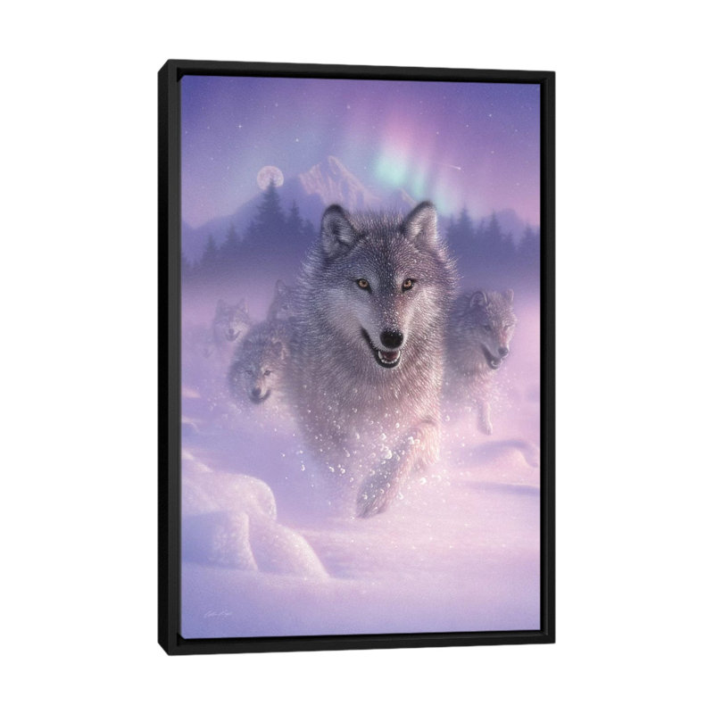 Éclairage du nord-wolves à courant vertical, H 26 po x l 18 po x P 1,5 po, Toile avec cadre noir, Pas de tapis