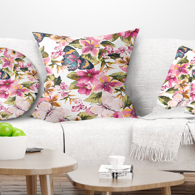 Butterflies with Seamless Floral Pattern - Floral Printed Pillow
