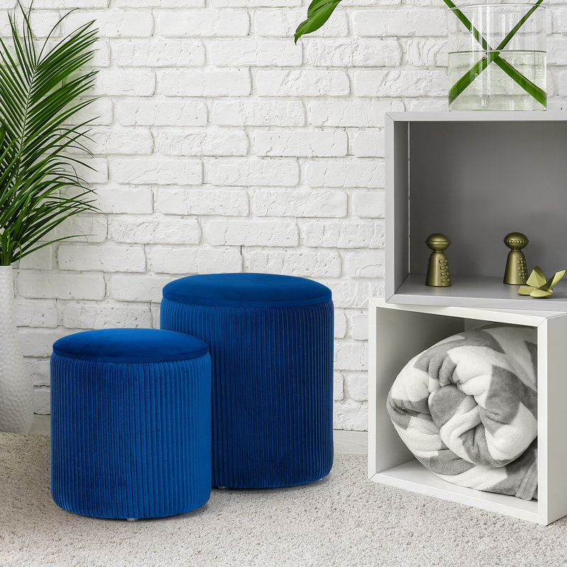 Ensemble de 2 tabourets de pieds ronds avec commode en velours pour table d'appoint rembourrée moderne, Bleu