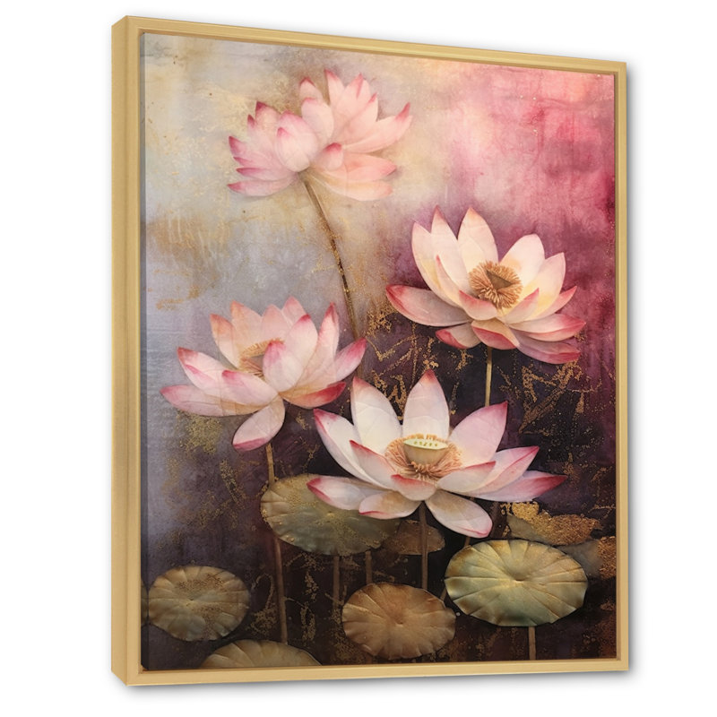 " Vintage Pink Lotus Symphony II " Mixed Media and Color Photography Print, 32" H x 16" W x 1" D, Natural Canvas