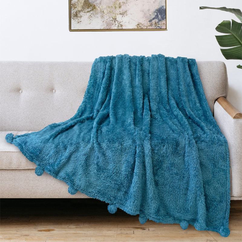 Teal Blue Sherpa Fleece Throw Blanket with Pom Poms