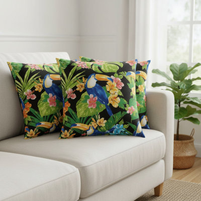 Paquet de 6 coussins décoratifs d'extérieur / d'intérieur avec inserts avec fermeture à glissière, 18 po x 18 po imperméables, décoratifs, résistants à la décoloration pour canapé, canapé, lit, - Toucan Paradise - noir