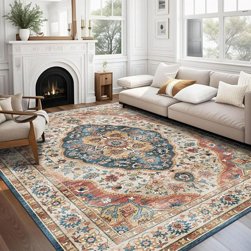 Washable Rug, Ultra Soft Area Rug 3X5, Non Slip Vintage Rug Foldable, Stain Resistant Rugs For Living Room, Tribal Medallion (Beige/Blue)