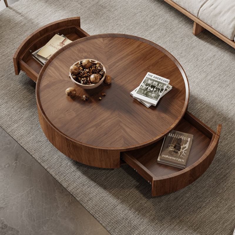 Elegant Round Coffee Table with 2 Storage Drawers, Walnut Wood Grain Top, Modern Living Room Center Table, Easy Setup