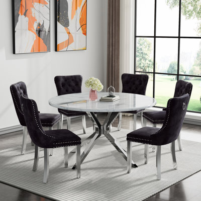 Round Dining Table Set, White Marble Dining Table & Velvet Dining Chairs with Stainless Steel Pedestal, 45" Dining Room Table and Chairs Set, Luxury Dining Table Set