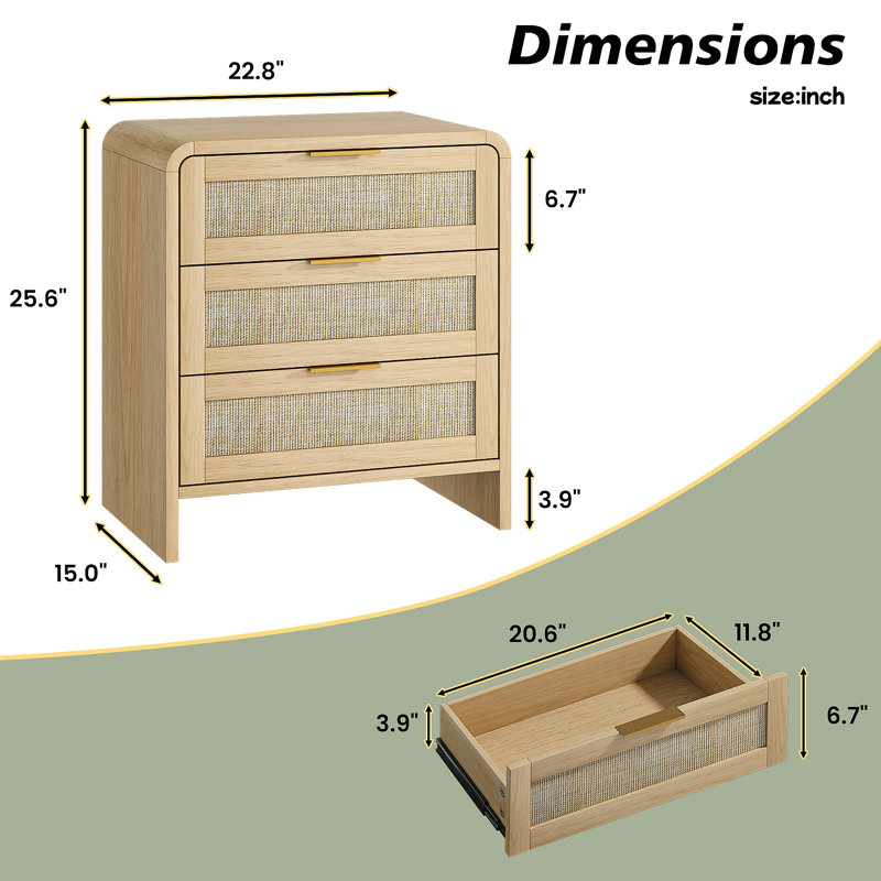 Table de chevet courbée 3 tiroirs, table de chevet en bois de 22,8 po de largeur, rangement moderne pour la chambre à coucher