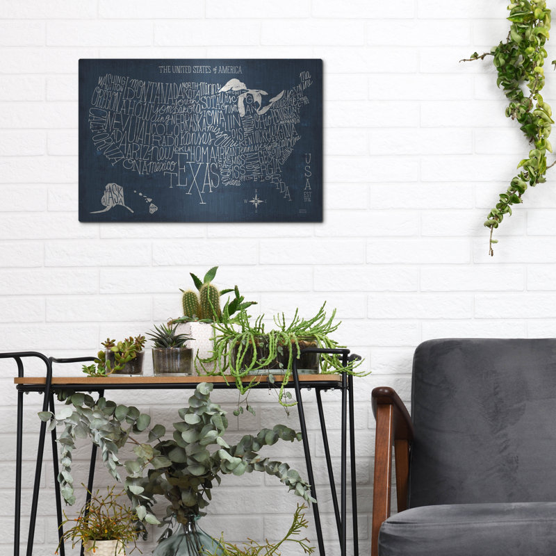 Art mural en métal Winston Porter «Hand Lettred Us Map Blueprint» par Michael Mullan, H 12 po x l 16 po