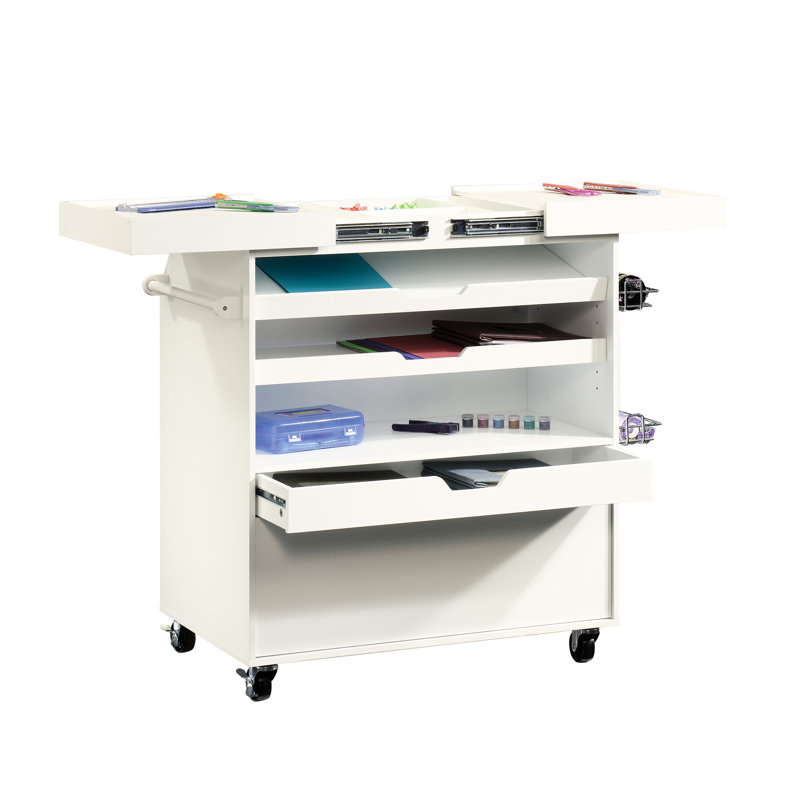Chariot artisanal blanc traditionnel, plan de travail coulissant, rangement caché, deux tiroirs, chariot de finition en métal et mobilité avec plateau supérieur, étagères inclinées réglables et divisées