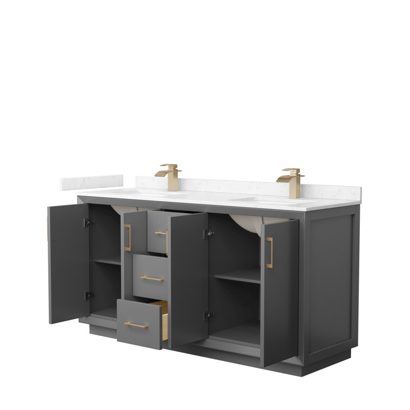 66'' Double Bathroom Vanity with Cultured Marble Top, Dark Gray, Satin Bronze, Carrara Cultured Marble