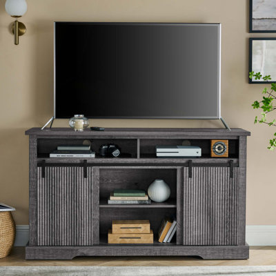Meuble télé pour téléviseur de 65 po, meuble audio-vidéo avec armoires de rangement et porte de grange coulissante, meuble télé de style Mid-Century
