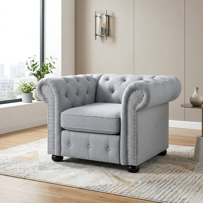 Gleda 44.09" W Tufted Chenille Rolled Arm Chesterfield Accent Chair, Light Gray Chenille