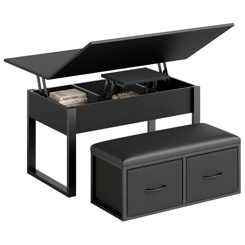 Table basse Lorenzo 31,5'' avec plateau relevable et banc de rangement, Noir