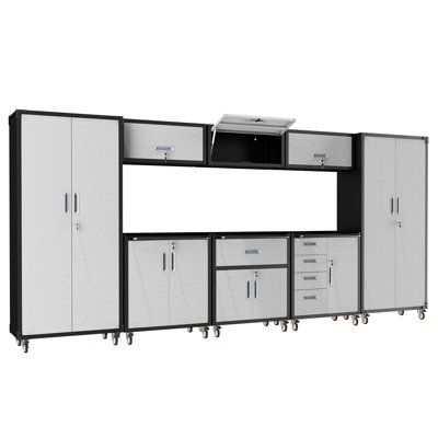 8-Piece Garage Tool Storage Set, Wall-Mount Cabinet & Rolling Tool Carts + Tall Pegboard Cabinets, with Drawers, Lockable Steel Organization System