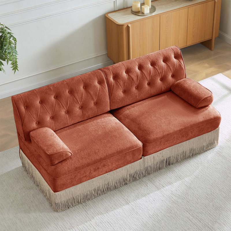 Canapé Chesterfield en velours doux avec capitonnage à boutons et jupe à pampilles, Rouge / Brun