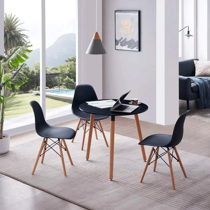 Plastic Shell Side Chairs with Eiffel Wooden Down-Legs (Set of 4), Black