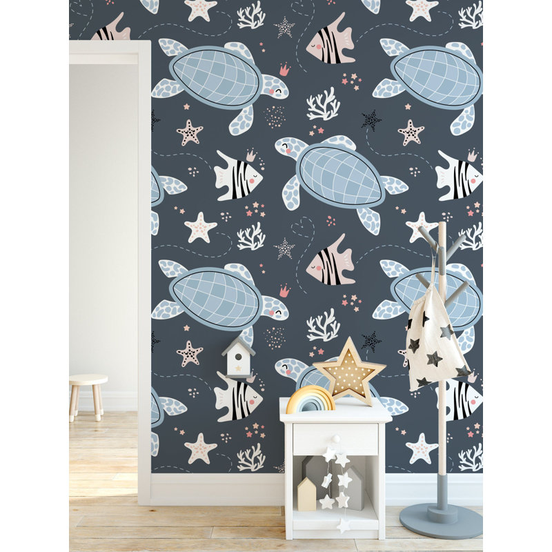 Papier peint amovible tortue de mer et poisson, L 9 po x l 15 po