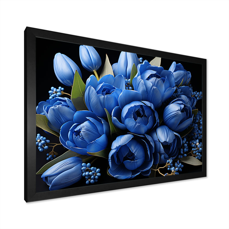 «Azure Blue Tulips Bloom» sur toile, H 34 po x l 44 po x P 1,5 po, Cadre simple noir