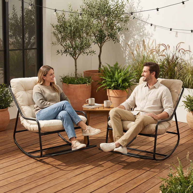 Chaise berçante d'intérieur / d'extérieur avec accoudoirs courbés, chaise berçante d'appoint à coussin épais pour le salon, la chambre à coucher, le balcon, le porche