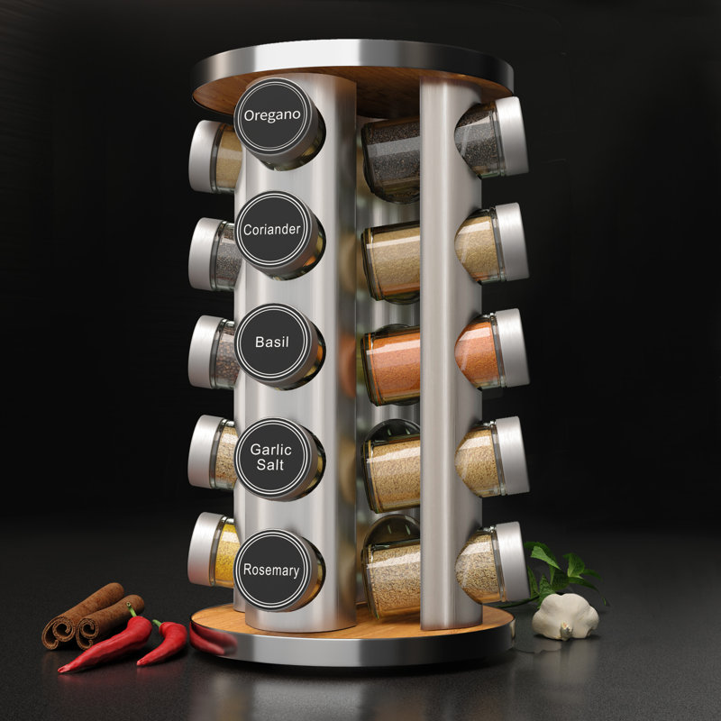 Silver Revolving Spice Rack with 20 Jars and Labels