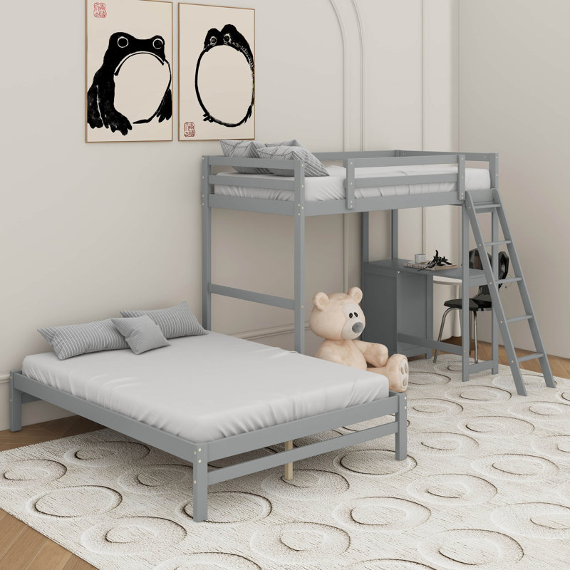 Twin Over Full Bunk Bed With Built-In Desk And Three Drawers, Gray