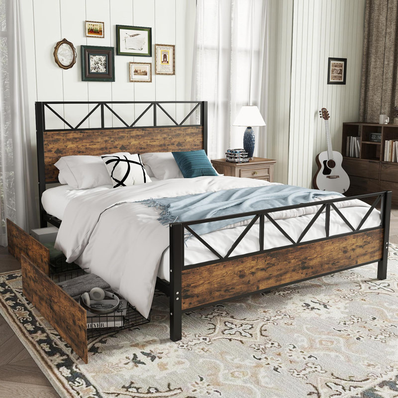 Metal Bed With 2 Drawers Industrial Style, Double (4'6)