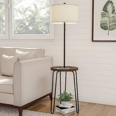 Floor Lamp With Table - Mid-Century Modern Nightstand Or Side Table With USB Port And Hairpin Legs - Standing Light With Shelves
