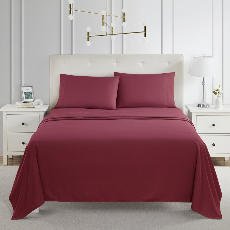  Ensemble de draps double brossé de luxe pour hôtel avec draps et taies d'oreiller très doux, Rouge Bourgogne