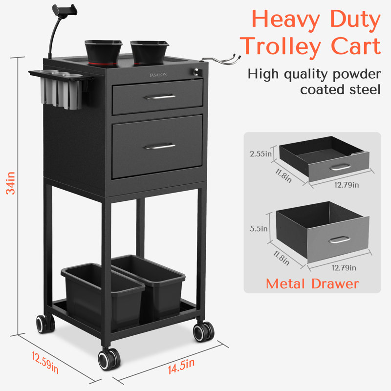 TASALON Multifunctional Utility Cart with Lockable Drawer, Black