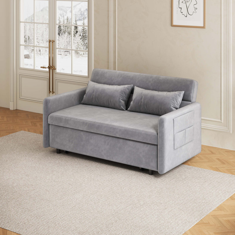 Sofa pull-out bed includes two pillows, Grey Faux Leather