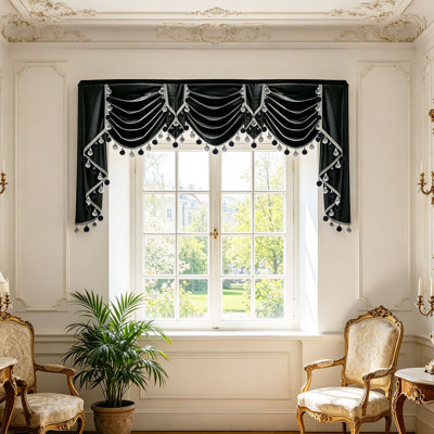 1PC French Neoclassical Velvet Valance, black wavy waterfall header with tassels, pom-poms and beaded strings, ideal for large apartments, villa living rooms and master bedrooms
