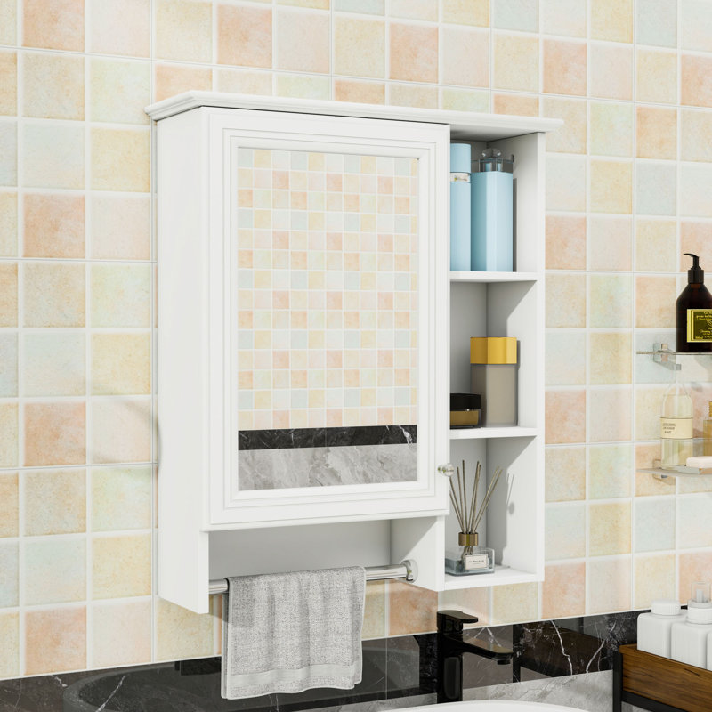 Armoire de salle de bain 3 en 1 avec tablette réglable, barre à serviettes et miroir haute définition, Blanc