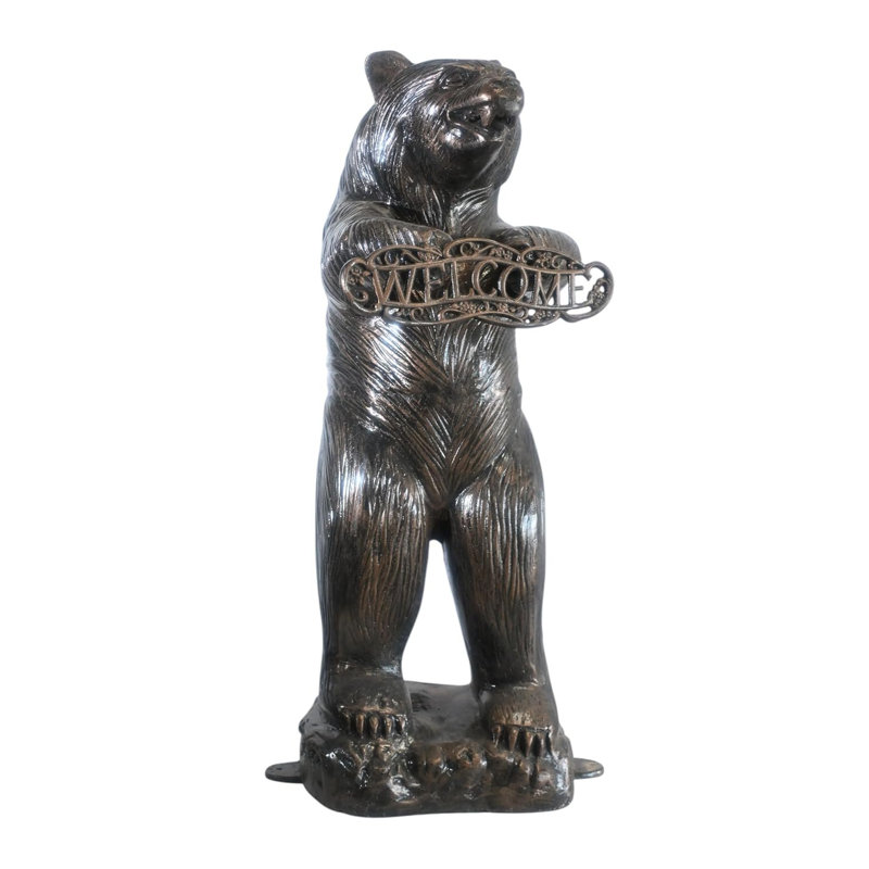 Statue ours debout en aluminium avec panneau de bienvenue 18 po x 18 po x H 41 po