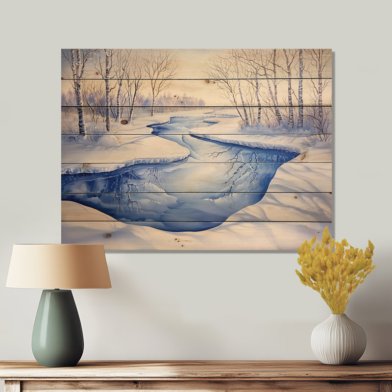 Frozen River In Winter Landscape I - Décoration murale traditionnelle en bois sur bois de pin naturel, H 10 po x l 20 po