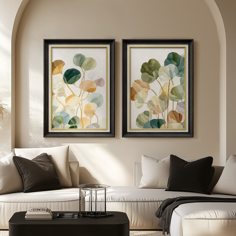 «Soft Green and Beige Botanical Leaves», ensemble de 2 reproductions d'art encadrées de qualité supérieure sur papier 26 po x 36 po