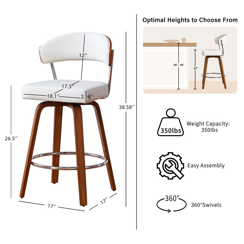 Swivel Beige Bar Stools Set of 4, 26" Upholstered Counter Height Bar Stools with Back and Wood Legs, Faux Leather Modern Barstools for Kitchen Counter